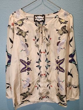 Magaschoni Cream Blouse with Purple & Green Butterfly Print